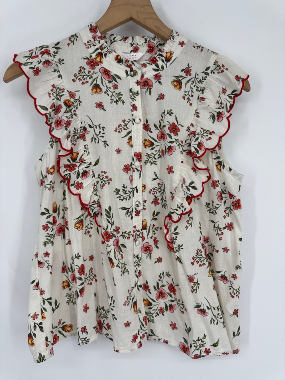 LC Lauren Conrad Floral Ruffle Sleeveless Blouse - White with Red Floral Trim